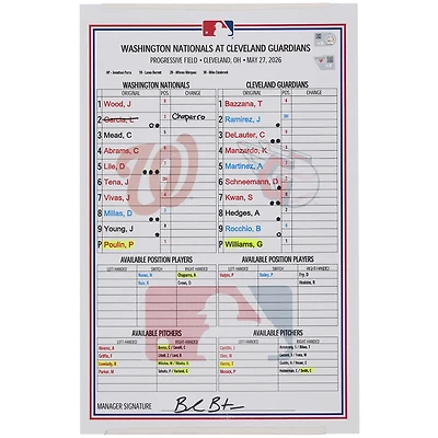 Washington Nationals Game-Used Lineup Card vs. Cleveland Guardians on May 27, 2026