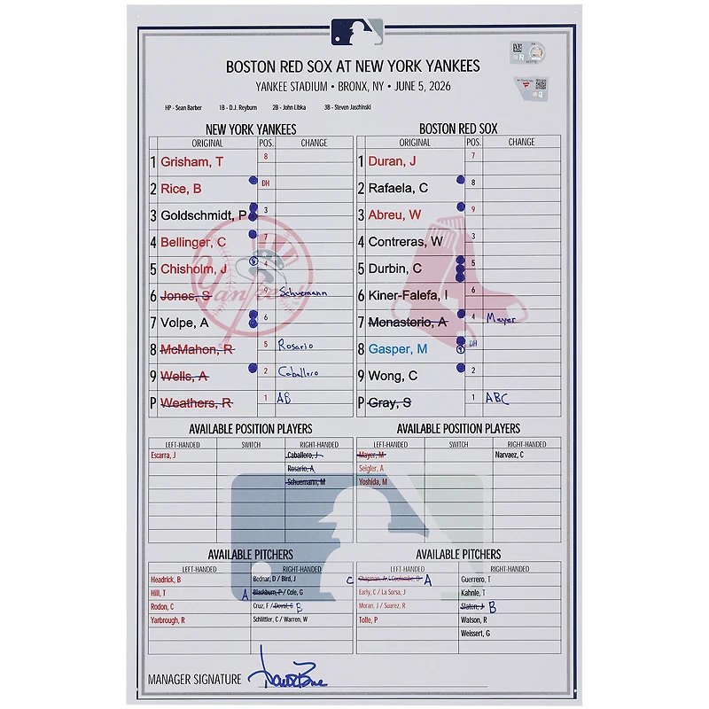 New York Yankees Game-Used Lineup Card vs. Boston Red Sox on June 5, 2026