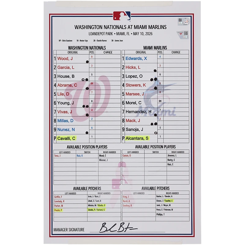 Washington Nationals Game-Used Lineup Card vs. Miami Marlins on May 10, 2026