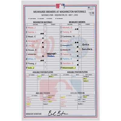 Washington Nationals Game-Used Lineup Card vs. Milwaukee Brewers on May 1, 2026