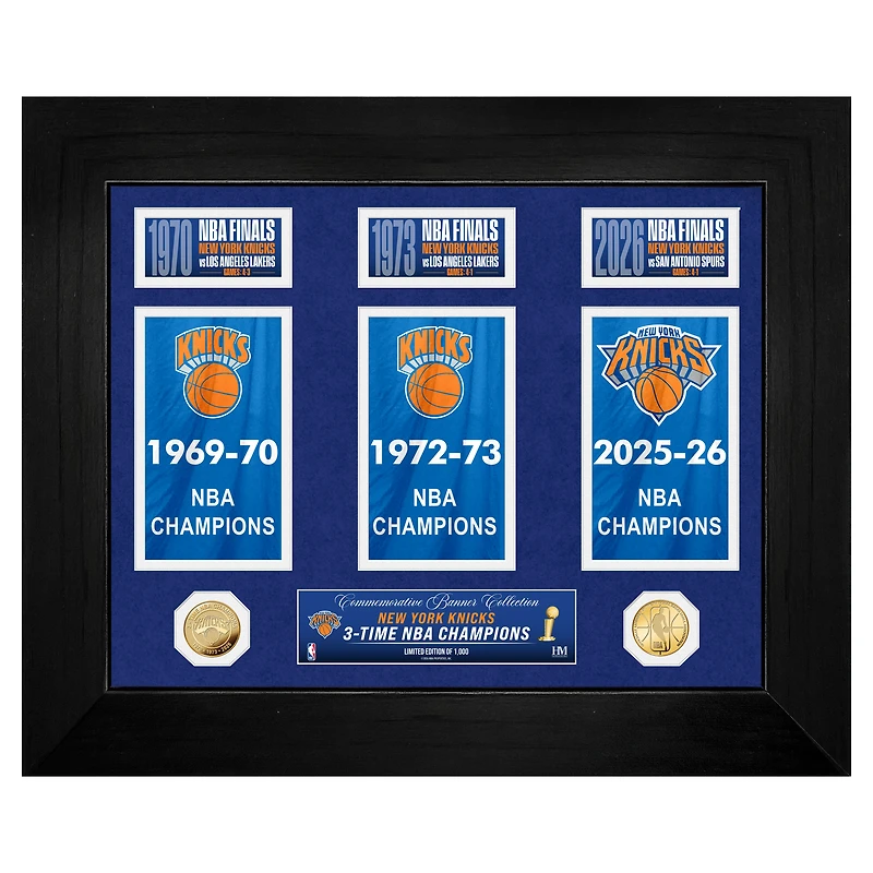 Highland Mint New York Knicks Three-Time NBA Finals Champions 18" x 22" Deluxe Banner Gold Coin Photo Mint