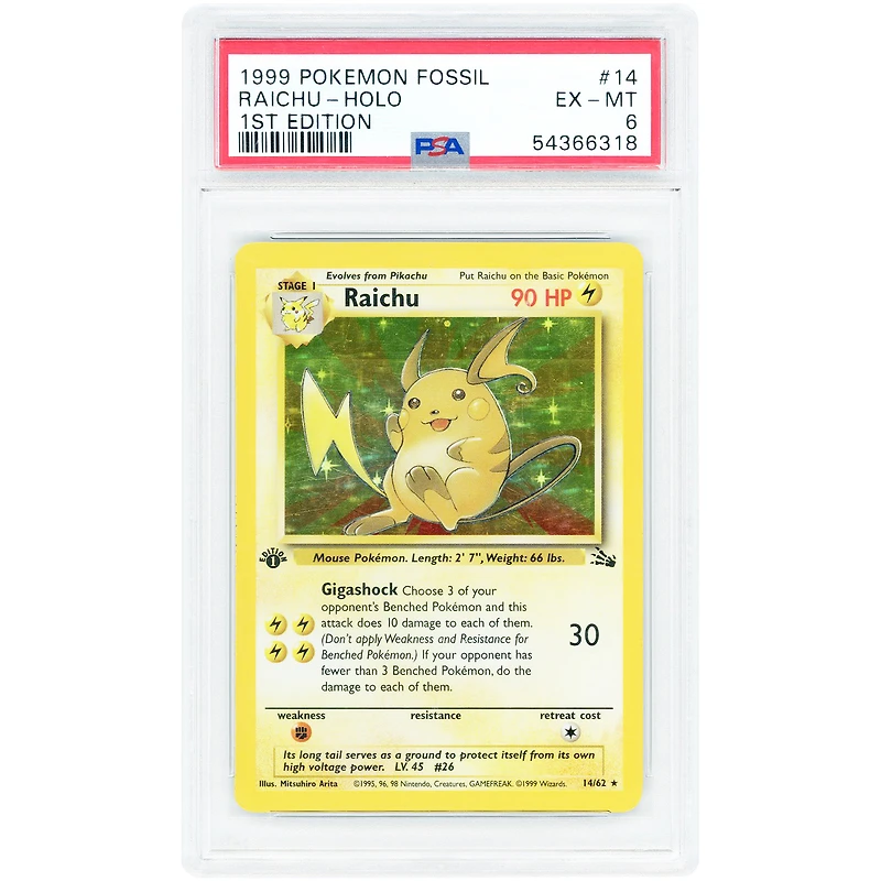 Raichu 1999 Pokemon Fossil 1st Edition Holo Rare #14 PSA Authenticated 6 Card