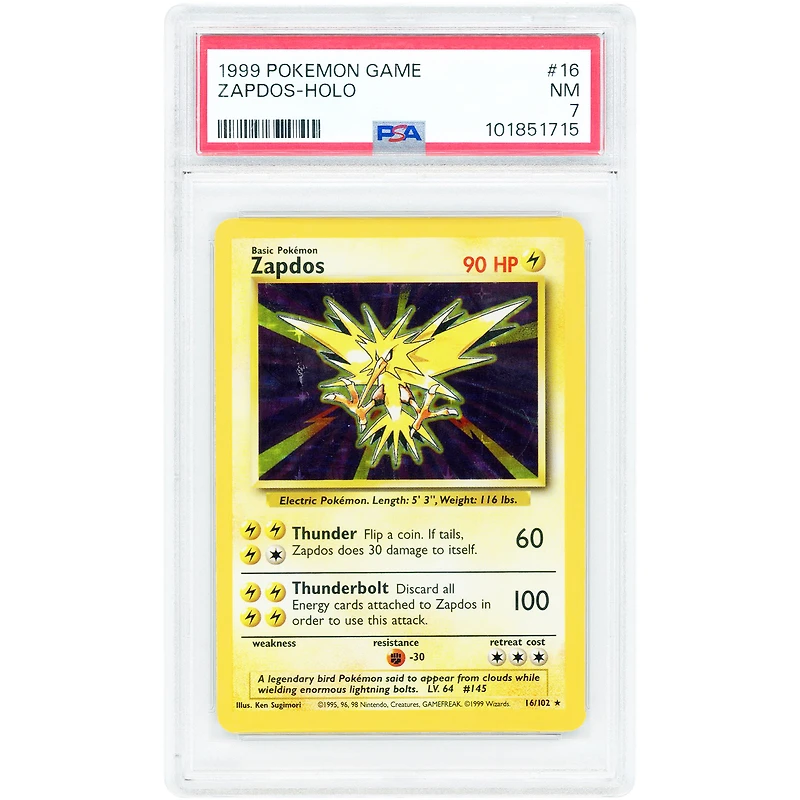 Zapdos 1999 Pokemon Base Set Unlimited Holo Rare #16 PSA Authenticated 7 Card