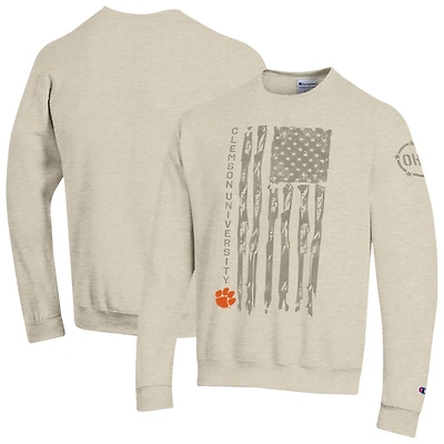 Men's Champion Oatmeal Clemson Tigers Operation Hat Trick Flag Fleece Crewneck Sweatshirt