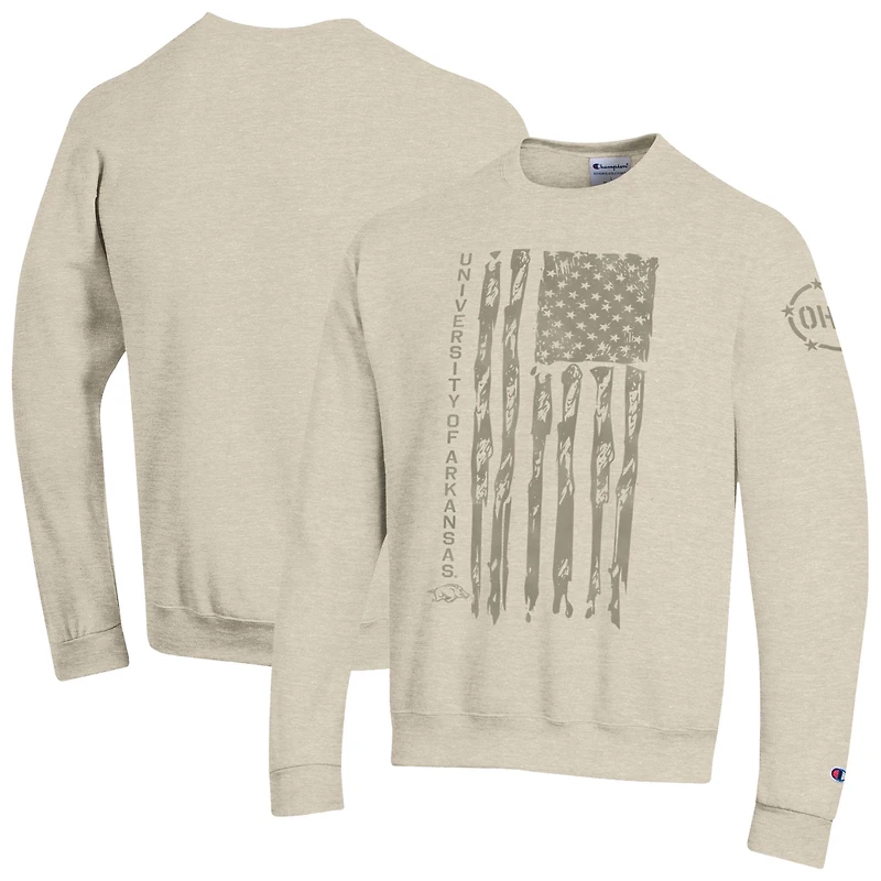 Men's Champion Oatmeal Arkansas Razorbacks Operation Hat Trick Flag Fleece Crewneck Sweatshirt