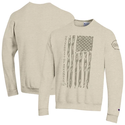 Men's Champion Oatmeal Arkansas Razorbacks Operation Hat Trick Flag Fleece Crewneck Sweatshirt