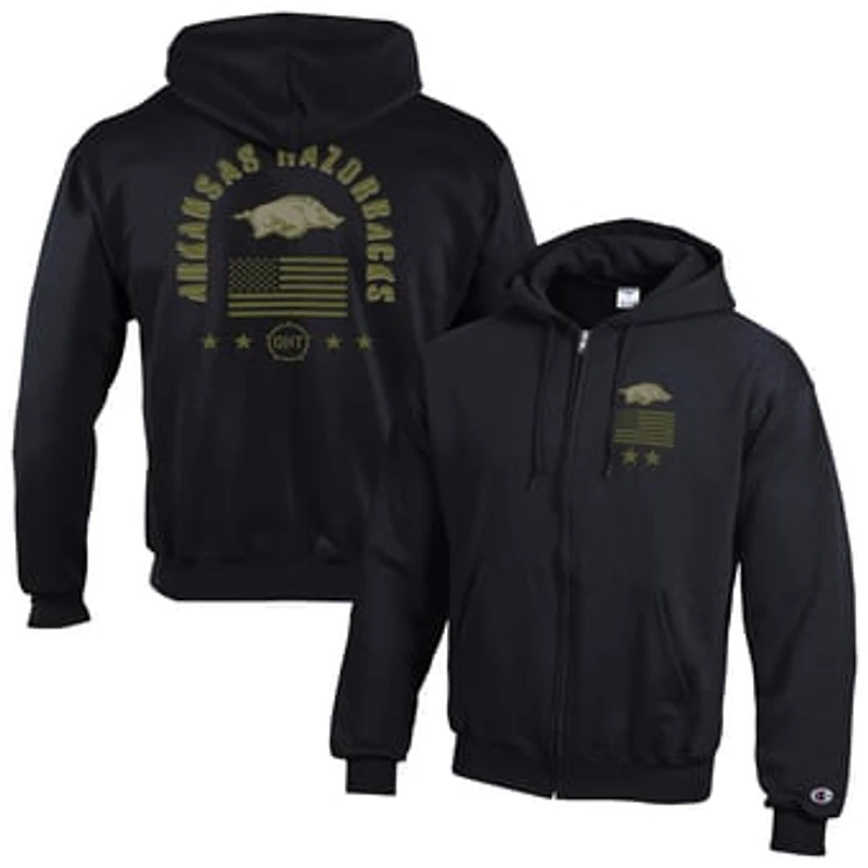 Men's Champion Black Arkansas Razorbacks Operation Hat Trick Flag Powerblend Fleece Full-Zip Hoodie