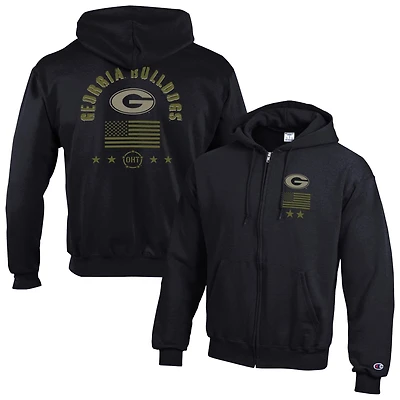 Men's Champion Black Georgia Bulldogs Operation Hat Trick Flag Powerblend Fleece Full-Zip Hoodie