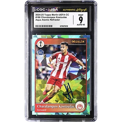 Charalampos Kostoulas Olympiacos Autographed 2024-25 Topps Merlin UEFA CC Aqua Atomic Refractor #180 #/75 CGC Authenticated 9/10 Rookie Card