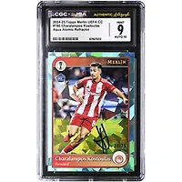 Charalampos Kostoulas Olympiacos Autographed 2024-25 Topps Merlin UEFA CC Aqua Atomic Refractor #180 #/75 CGC Authenticated 9/10 Rookie Card