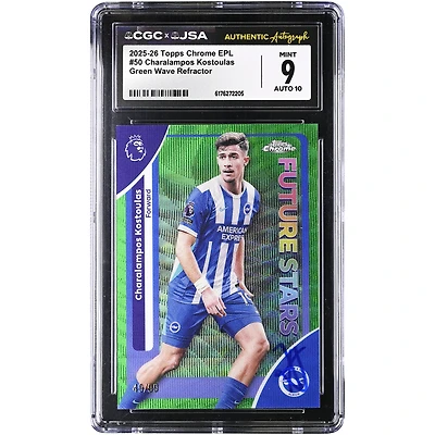 Charalampos Kostoulas Brighton and Hove Albion Autographed 2025-26 Topps Chrome EPL Green Wave Refractor #50 #/99 CGC Authenticated 9/10 Card