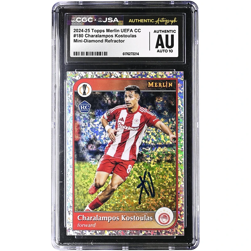 Charalampos Kostoulas Olympiacos Autographed 2024-25 Topps Merlin UEFA CC Mini-Diamond Refractor #180 CGC Authenticated Auto 10 Rookie Card