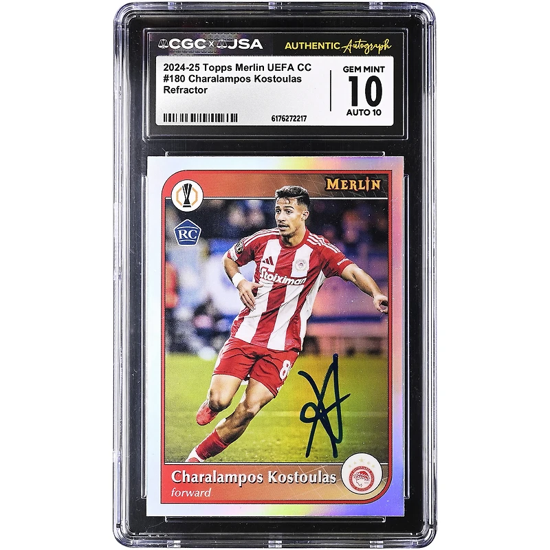 Charalampos Kostoulas Olympiacos Autographed 2024-25 Topps Merlin UEFA CC Refractor #180 CGC Authenticated 10/10 Rookie Card