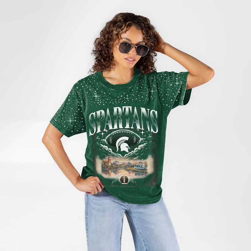 Women's Gameday Couture Green Michigan State Spartans Sky's the Limit Washed Micro Rhinestone T-Shirt