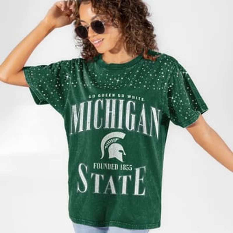 Women's Gameday Couture Green Michigan State Spartans Sparkle & Score Washed Micro Rhinestone T-Shirt