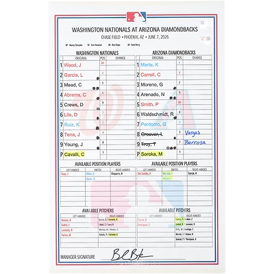 Washington Nationals Game-Used Lineup Card vs. Arizona Diamondbacks on June 7, 2026