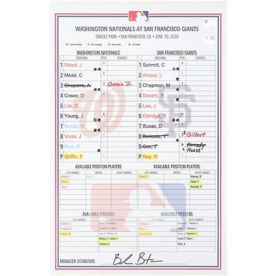 Washington Nationals Game-Used Lineup Card vs. San Francisco Giants on June 10, 2026