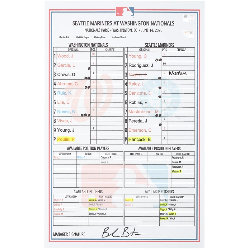 Washington Nationals Game-Used Lineup Card vs. Seattle Mariners on June 14, 2026