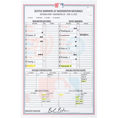Washington Nationals Game-Used Lineup Card vs. Seattle Mariners on June 14, 2026