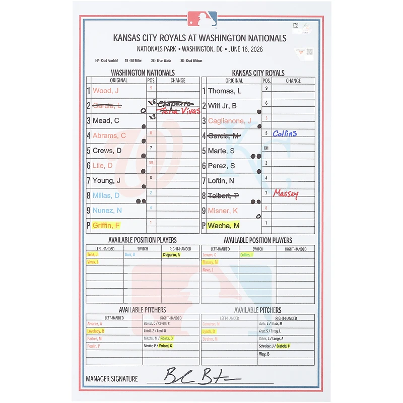 Washington Nationals Game-Used Lineup Card vs. Kansas City Royals on June 16, 2026