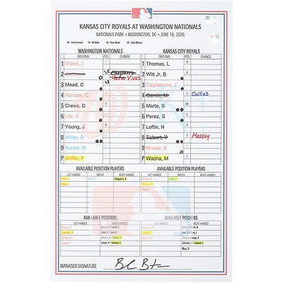 Washington Nationals Game-Used Lineup Card vs. Kansas City Royals on June 16, 2026