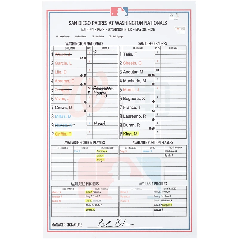 Washington Nationals Game-Used Lineup Card vs. San Diego Padres on May 30, 2026