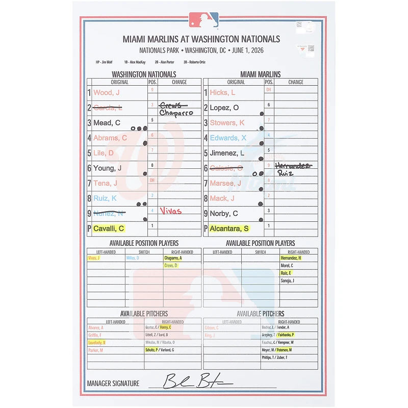 Washington Nationals Game-Used Lineup Card vs. Miami Marlins on June 1, 2026