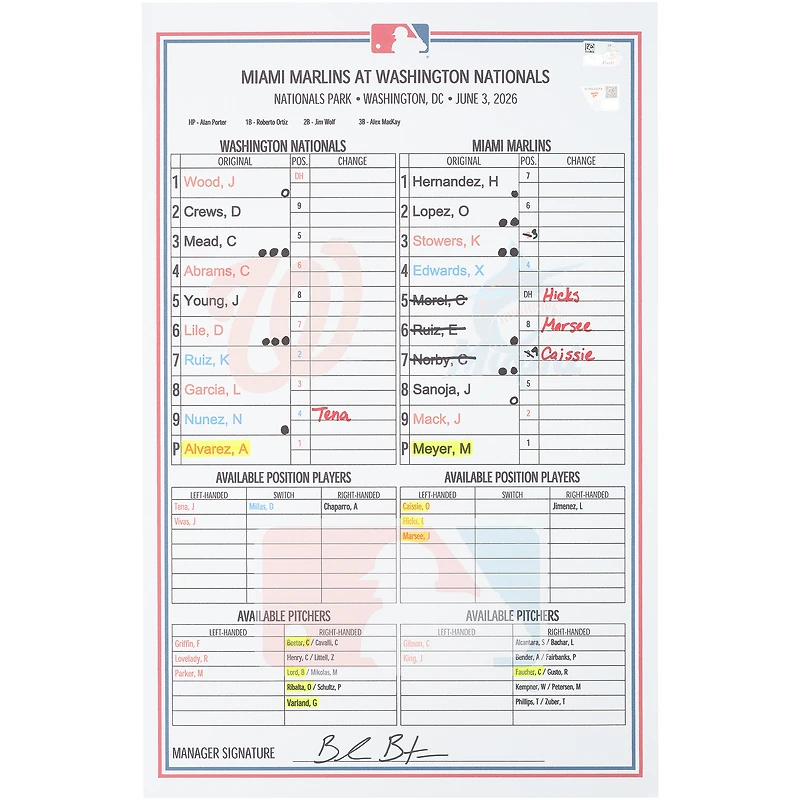 Washington Nationals Game-Used Lineup Card vs. Miami Marlins on June 3, 2026