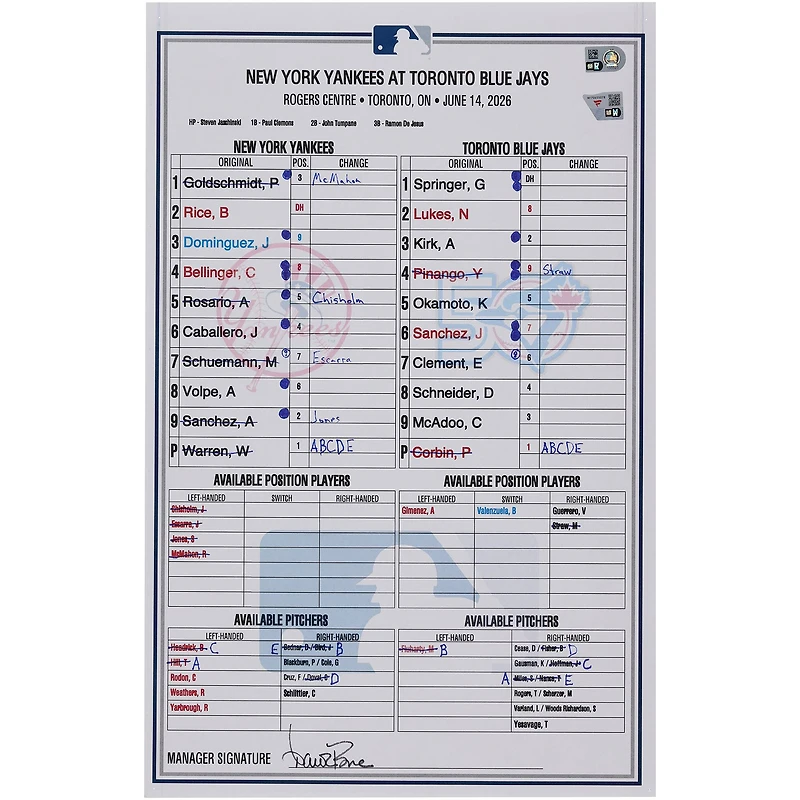 New York Yankees Game-Used Lineup Card vs. Toronto Blue Jays on June 14, 2026