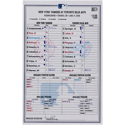 New York Yankees Game-Used Lineup Card vs. Toronto Blue Jays on June 14, 2026
