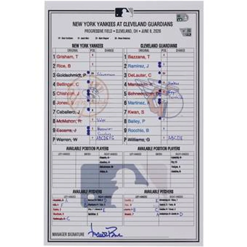 New York Yankees Game-Used Lineup Card vs. Cleveland Guardians on June 8, 2026