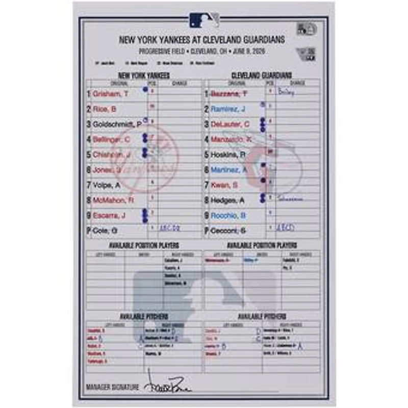 New York Yankees Game-Used Lineup Card vs. Cleveland Guardians on June 9, 2026