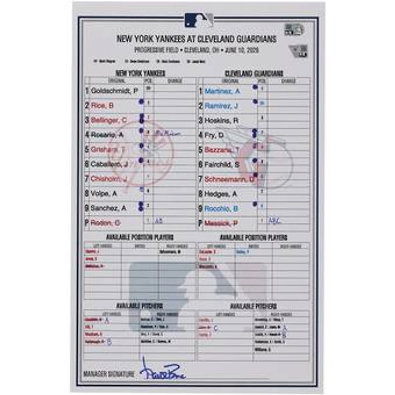 New York Yankees Game-Used Lineup Card vs. Cleveland Guardians on June 10, 2026