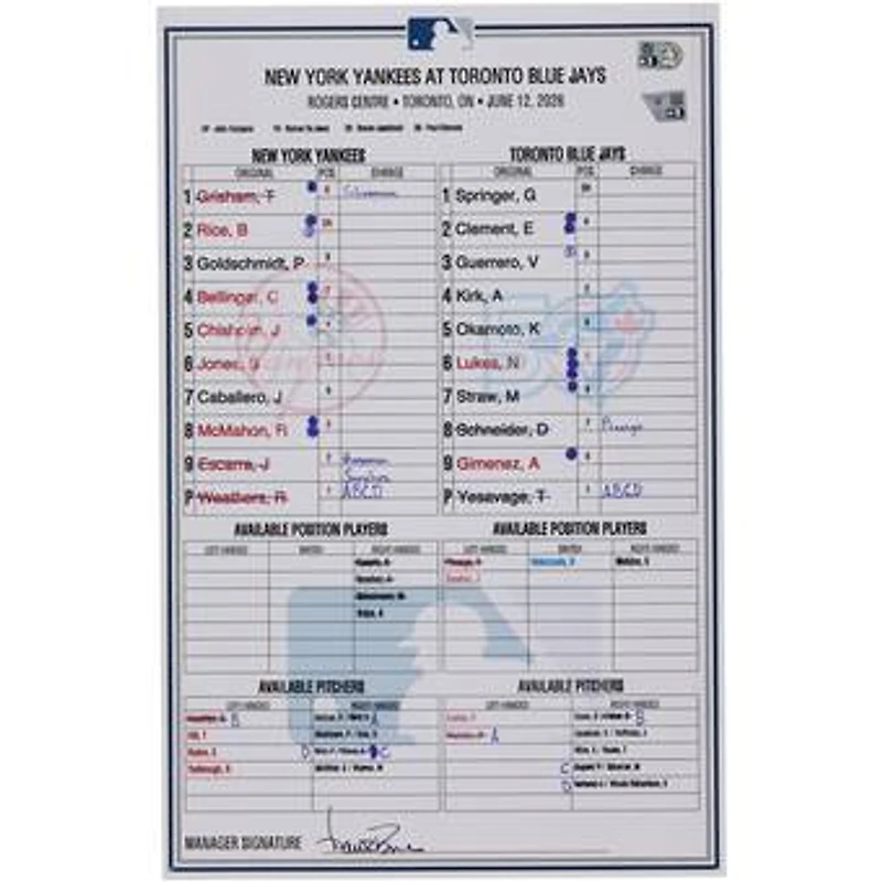 New York Yankees Game-Used Lineup Card vs. Toronto Blue Jays on June 12, 2026