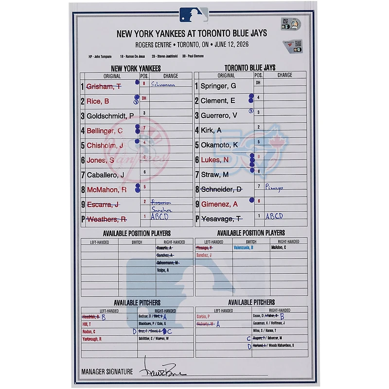 New York Yankees Game-Used Lineup Card vs. Toronto Blue Jays on June 12, 2026