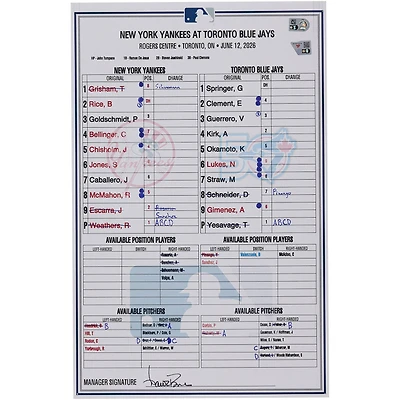 New York Yankees Game-Used Lineup Card vs. Toronto Blue Jays on June 12, 2026