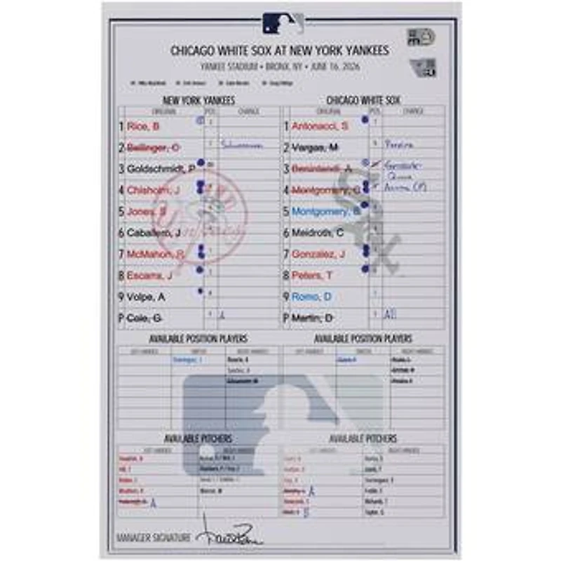 New York Yankees Game-Used Lineup Card vs. Chicago White Sox on June 16, 2026