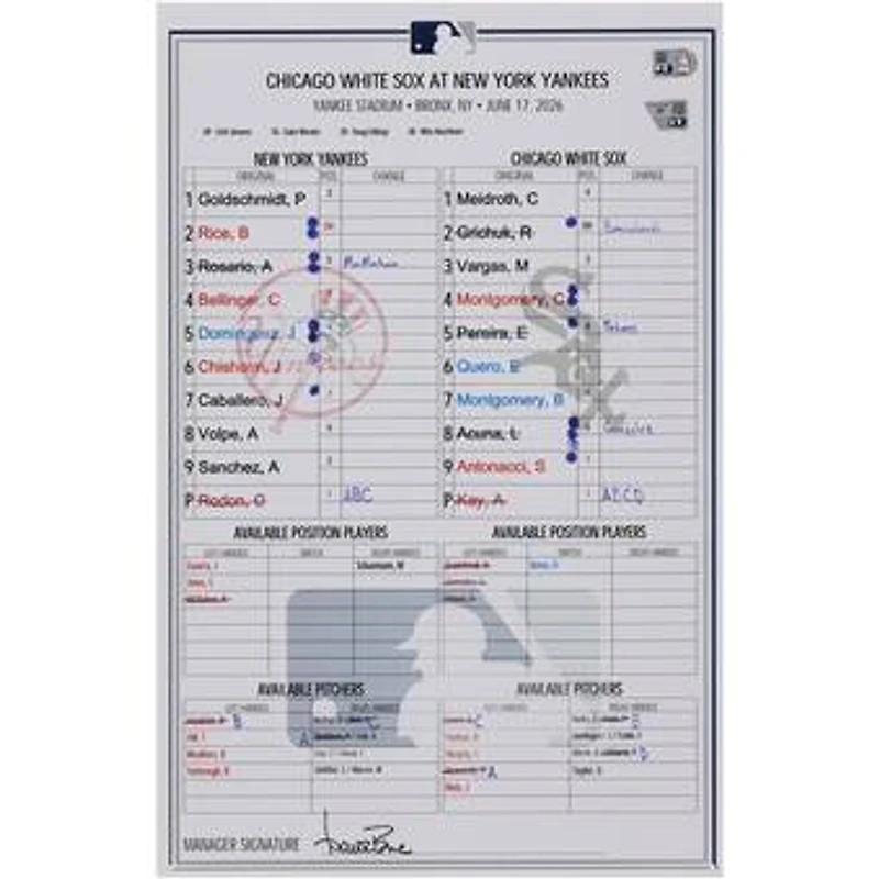 New York Yankees Game-Used Lineup Card vs. Chicago White Sox on June 17, 2026