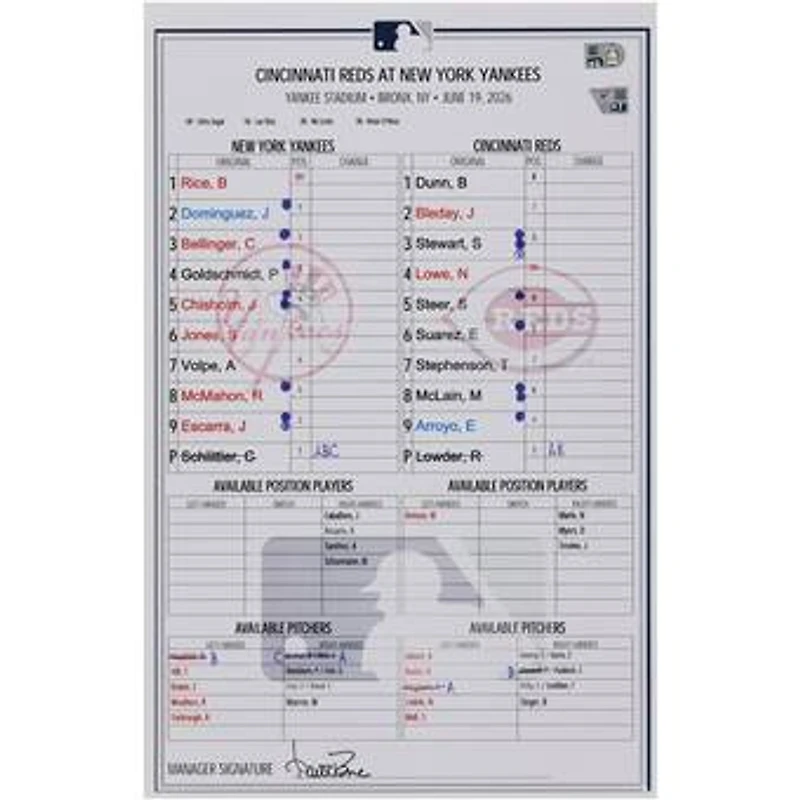 New York Yankees Game-Used Lineup Card vs. Cincinnati Reds on June 19, 2026