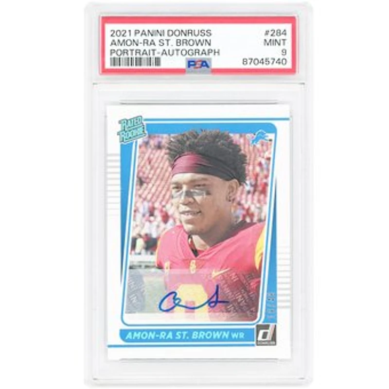 Amon-Ra St. Brown Detroit Lions Autographed 2021 Panini Donruss Rated Rookie Portrait #284 #19/49 PSA Authenticated 9 Rookie Card