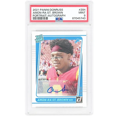 Amon-Ra St. Brown Detroit Lions Autographed 2021 Panini Donruss Rated Rookie Portrait #284 #19/49 PSA Authenticated 9 Rookie Card