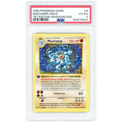 Machamp 1999 Pokemon Base Set 1st Edition Shadowless Holo Rare #8 PSA Authenticated 4 Card