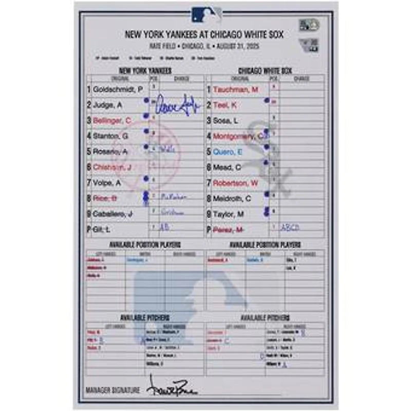 Aaron Judge New York Yankees Autographed Game-Used Lineup Card vs. Chicago White Sox on August 31, 2025