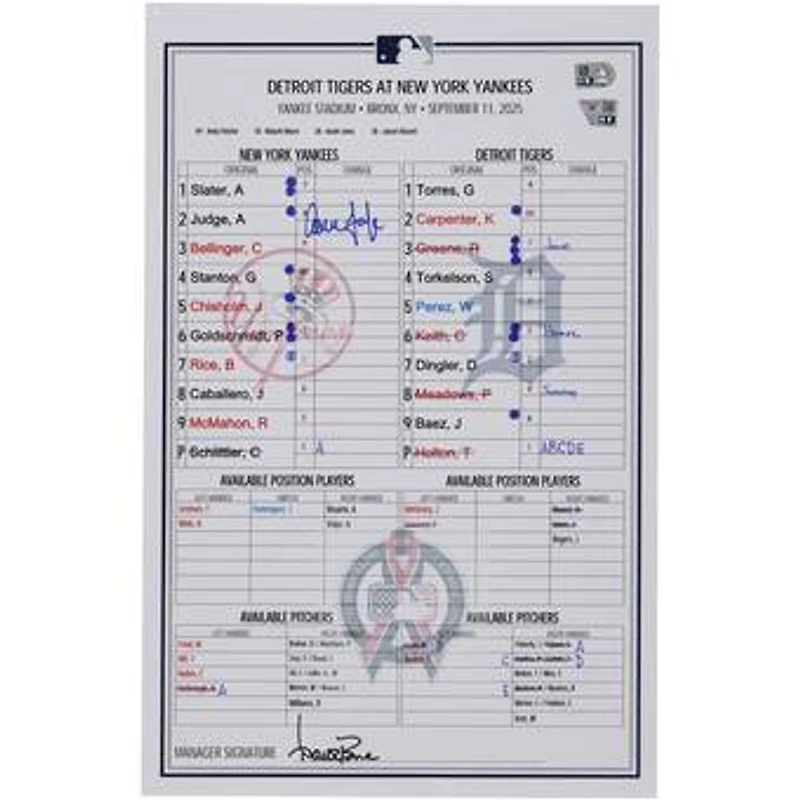 Aaron Judge New York Yankees Autographed Game-Used Lineup Card vs. Detroit Tigers on September 11, 2025