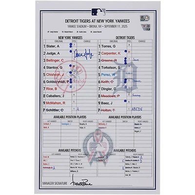 Aaron Judge New York Yankees Autographed Game-Used Lineup Card vs. Detroit Tigers on September 11, 2025