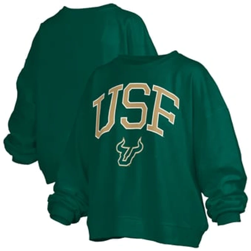 Women's Pressbox Green South Florida Bulls Oversized Janise Arch Over Logo Fleece Sweatshirt
