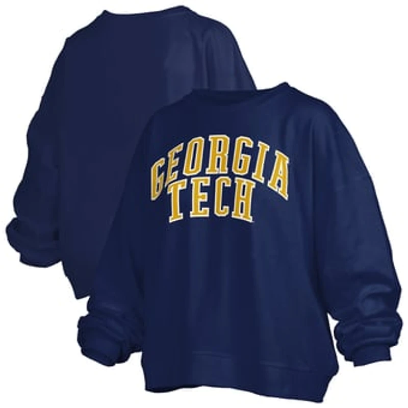 Women's Pressbox Navy Georgia Tech Yellow Jackets Oversized Janise Arch Over Logo Fleece Sweatshirt