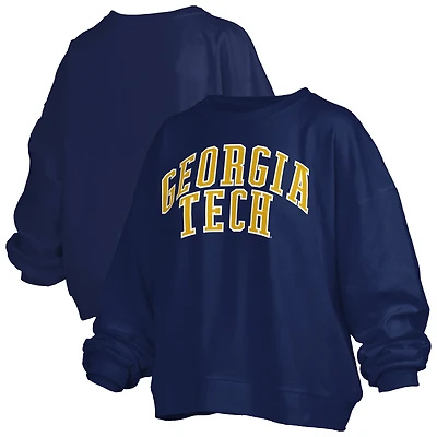 Women's Pressbox Navy Georgia Tech Yellow Jackets Oversized Janise Arch Over Logo Fleece Sweatshirt
