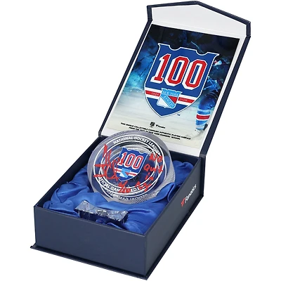 Henrik Lundqvist New York Rangers Autographed 100th Anniversary Crystal Puck with "No Quit in NY" Inscription - Filled with Ice from the 2025-26 Season - Limited Edition of 10