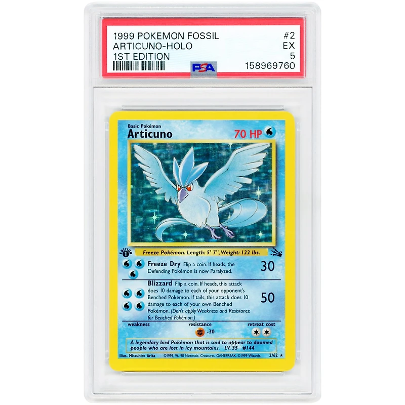Articuno 1999 Pokemon Fossil 1st Edition Holo Rare #2 PSA Authenticated 5 Card